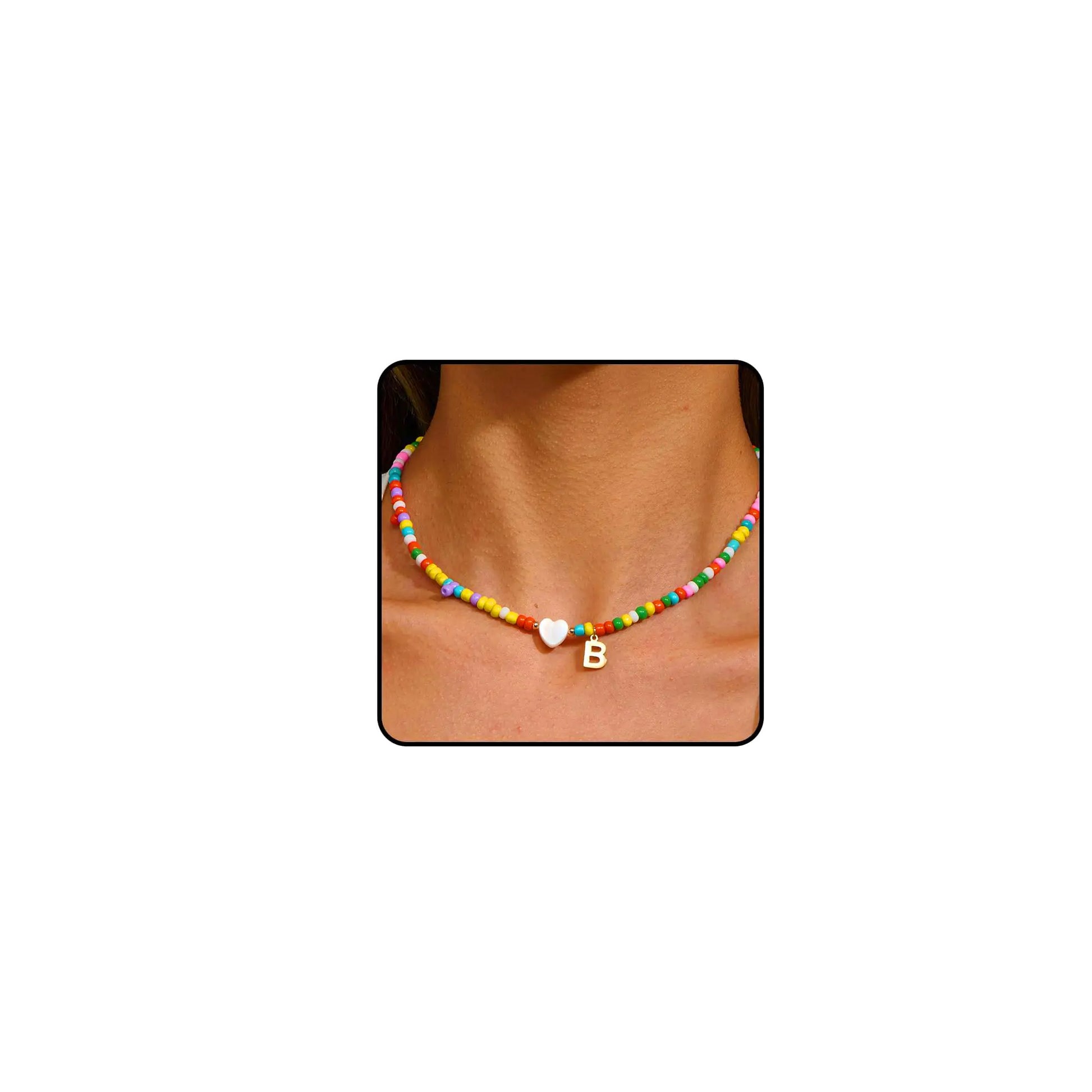 GlameVibe initial necklace letter B gold - colorful beaded choker heart pendant handmade trendy jewelry women