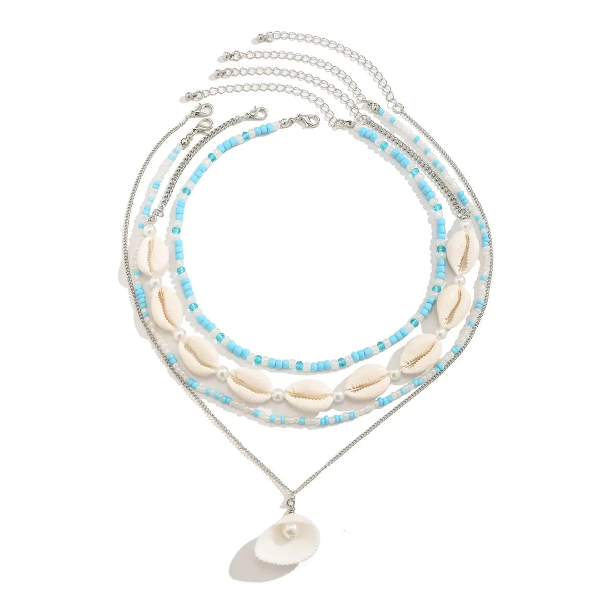 COLORFUL BLING bohemian puka shell necklace - layered sequins starfish conch seashell blue bead choker summer beach jewelry for women