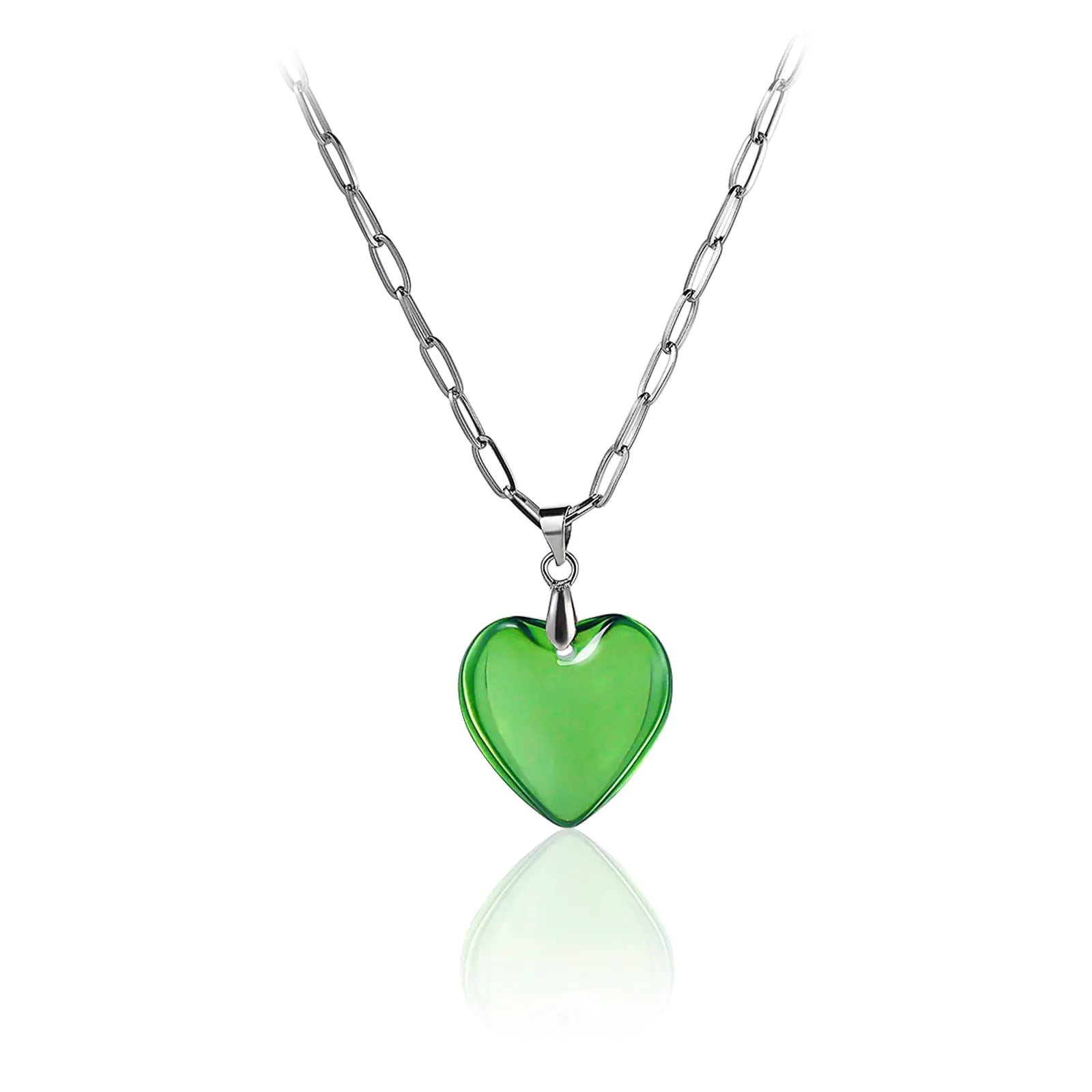 Glass heart necklace green transparent - Yocoyee stainless steel link chain love heart charm pendant romantic women gift