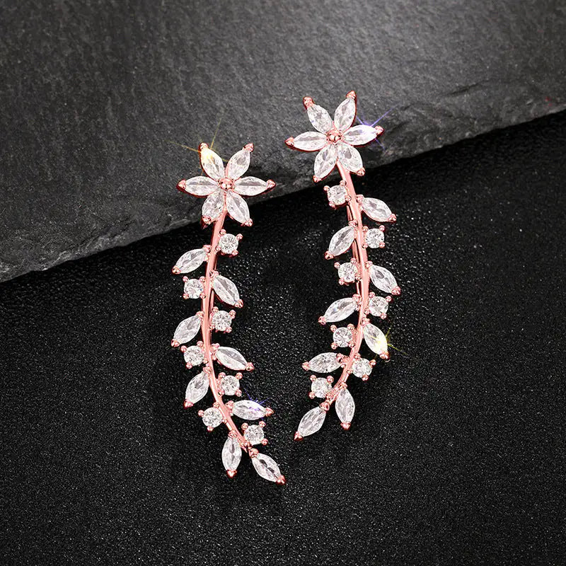 Full diamond flower earrings close up - European American Korean style celebrity women jewelry gift