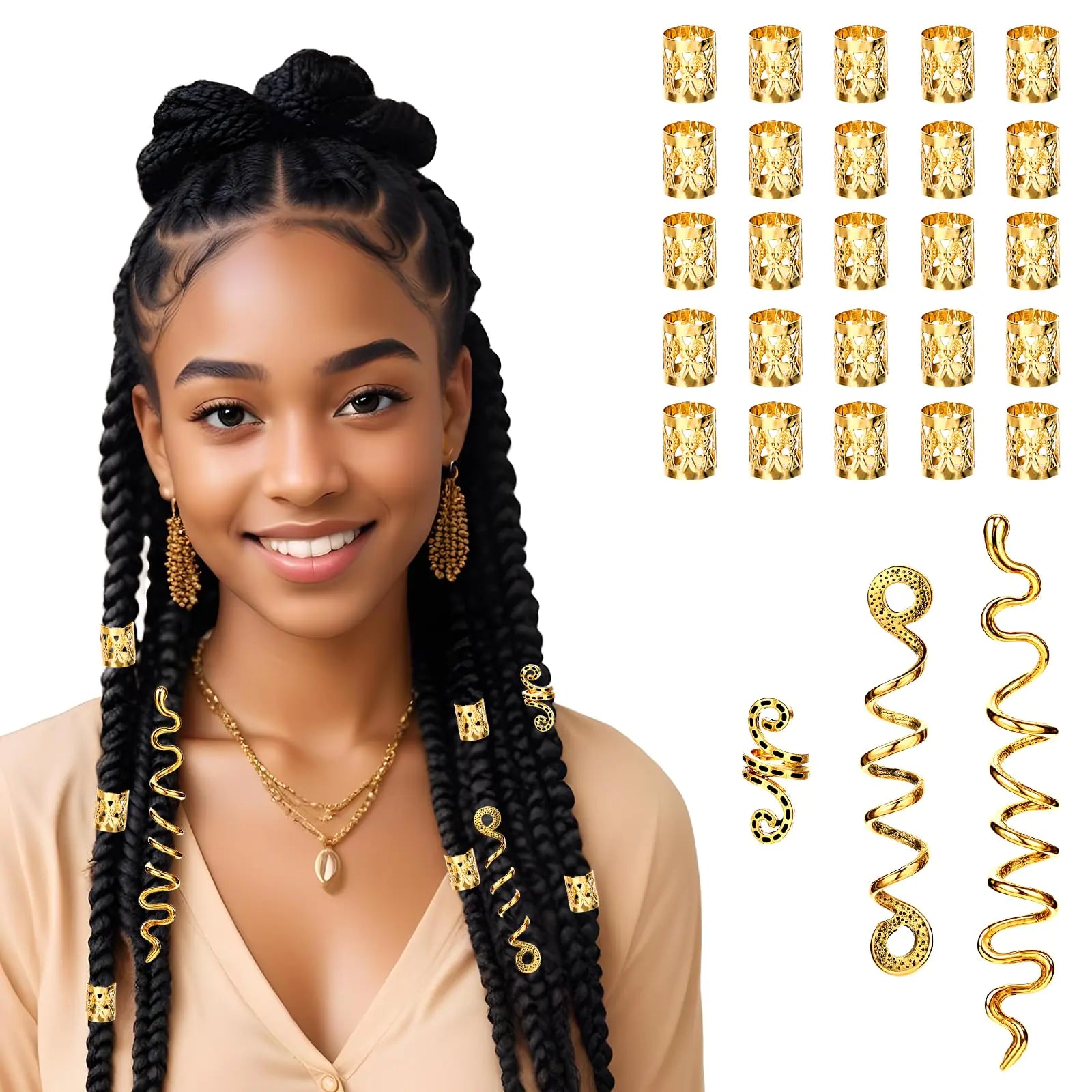Golden metal braid hair bands set - 28pcs hair jewelry accessories for braids dreadlocks ponytails cosplay daily wear