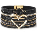 Black leather wrap cuff bracelet with heart shape design - multilayer wide bracelet for women