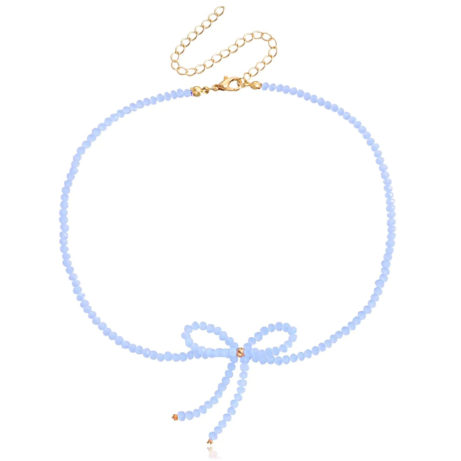 Boho beaded choker necklace gold bow - WLL vintage crystal bowknot blue rhinestone wedding jewelry women gift