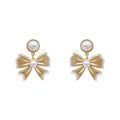 Cute ribbon bow earrings gold silver - pearl bow knot stud earrings style-P women birthday party jewelry gift