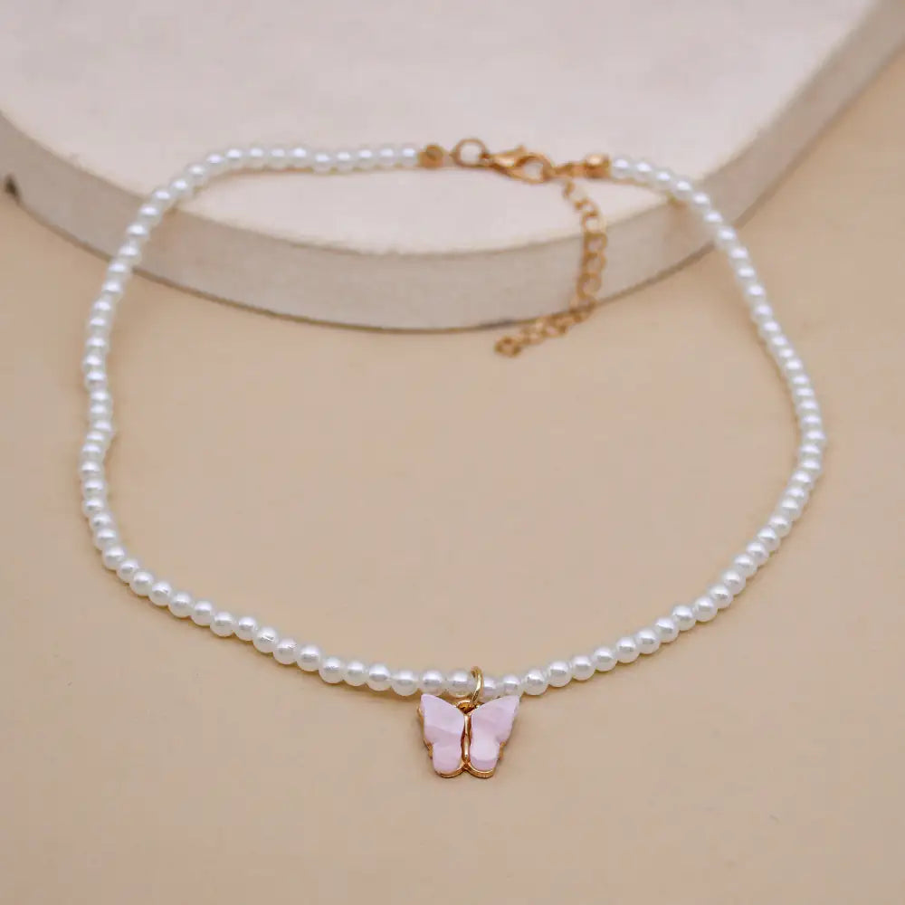 European opal bow knot pearl necklace pink - light luxury ball chain glass glazed women jewelry
