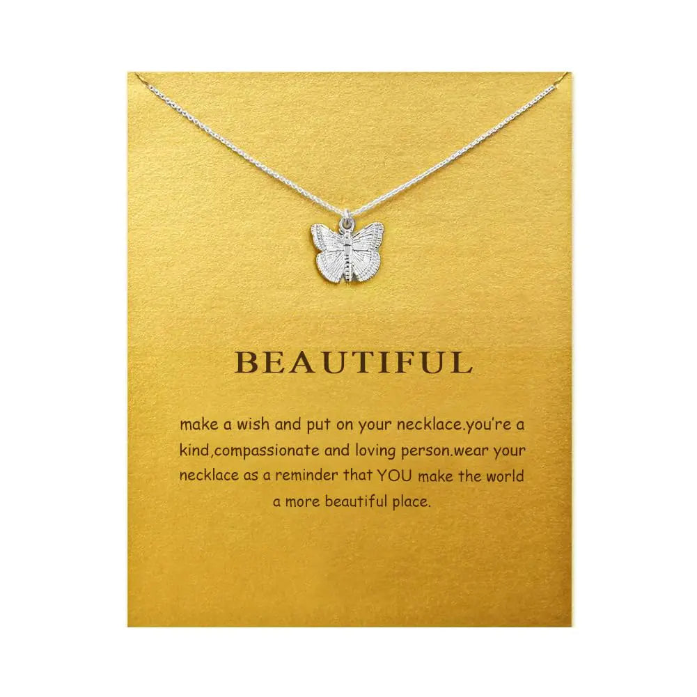 Butterfly pendant necklace silver - LANG XUAN friendship good luck compass dainty chain message card women jewelry gift