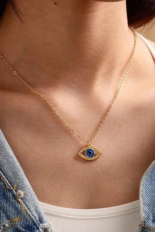 Trendy evil eye pendant necklace - clever eye blue enamel 18 inch adjustable chain lead nickel compliant