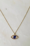 Evil eye necklace close-up - blue enamel detail zinc alloy 18K plated protective charm pendant