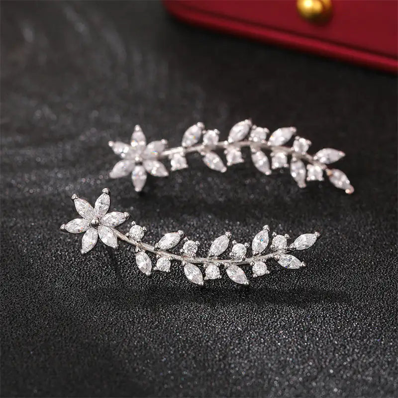 Diamond flower earrings gold detail - European American Korean style celebrity women jewelry gift