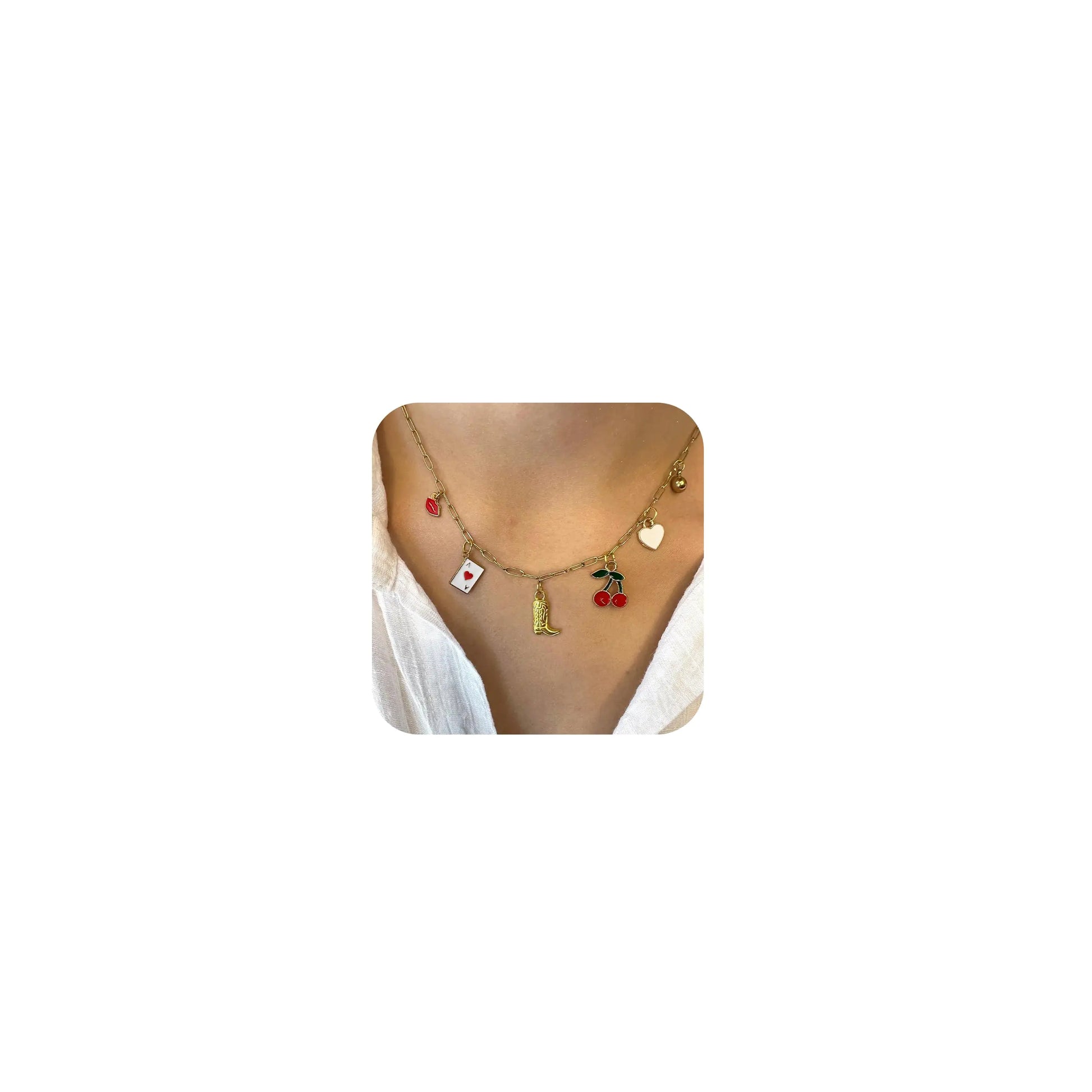 Gold charm necklace women western cowgirl - dainty pearl bow coin cherry charm trendy jewelry gift