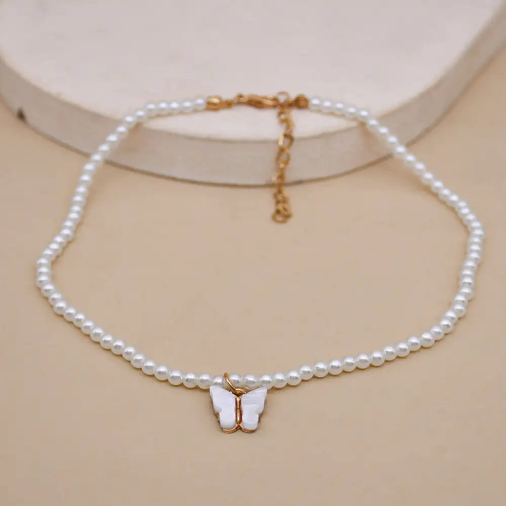 Opal bow knot pearl necklace white - European American light luxury ball chain women elegant jewelry