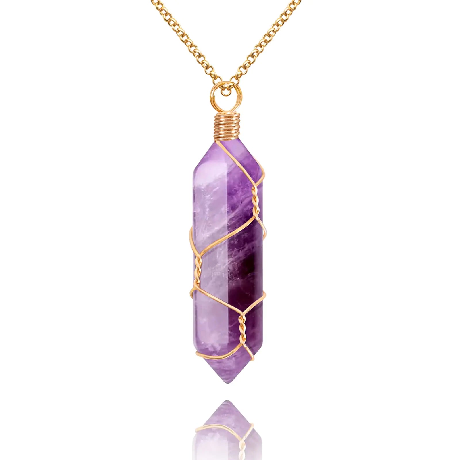 VIBILIA healing crystal necklace - wire wrapped natural amethyst stone point hexagonal pendant Reiki spiritual jewelry women men