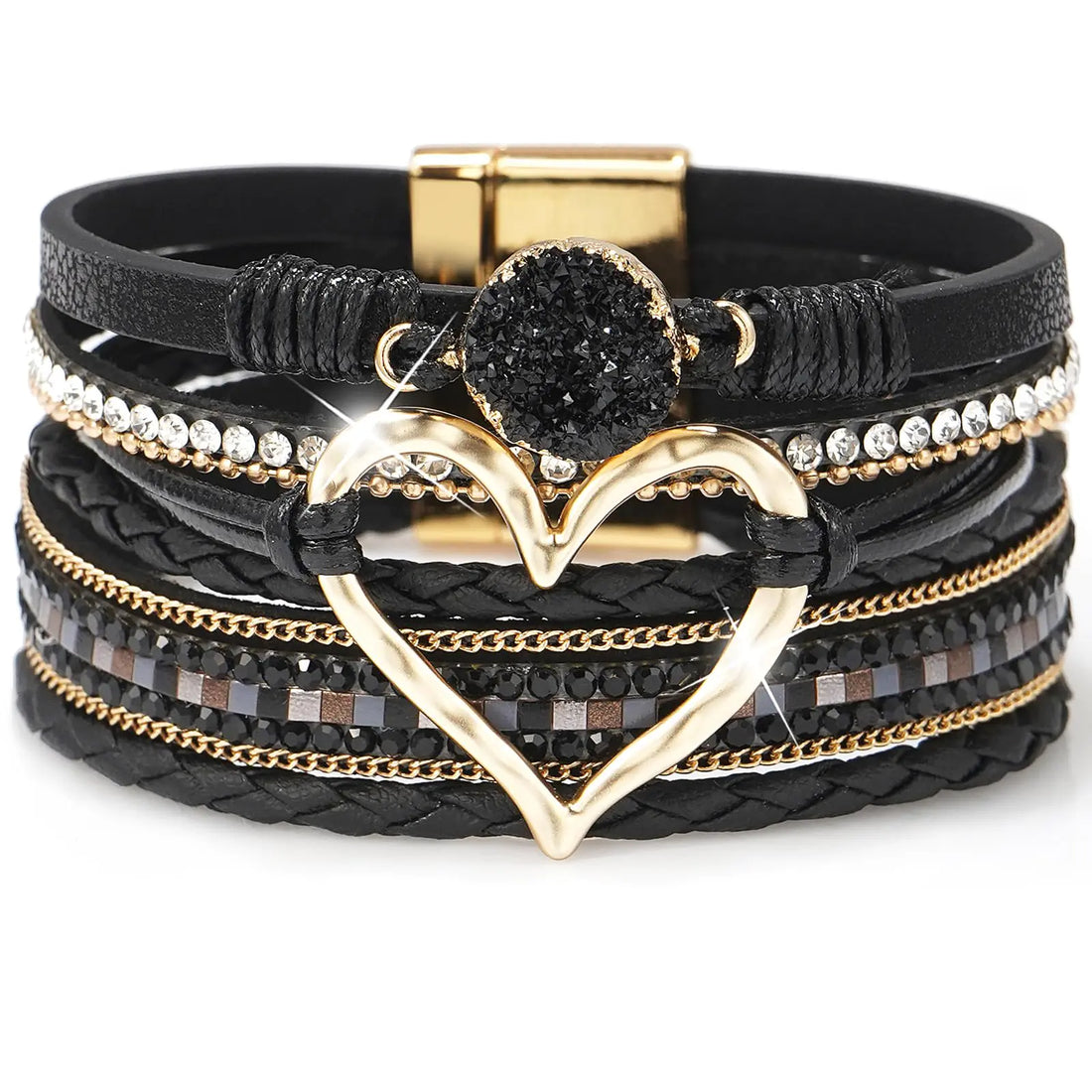 Suyi multilayer leather wrap bracelet in black - heart-shape wide cuff bracelet for women