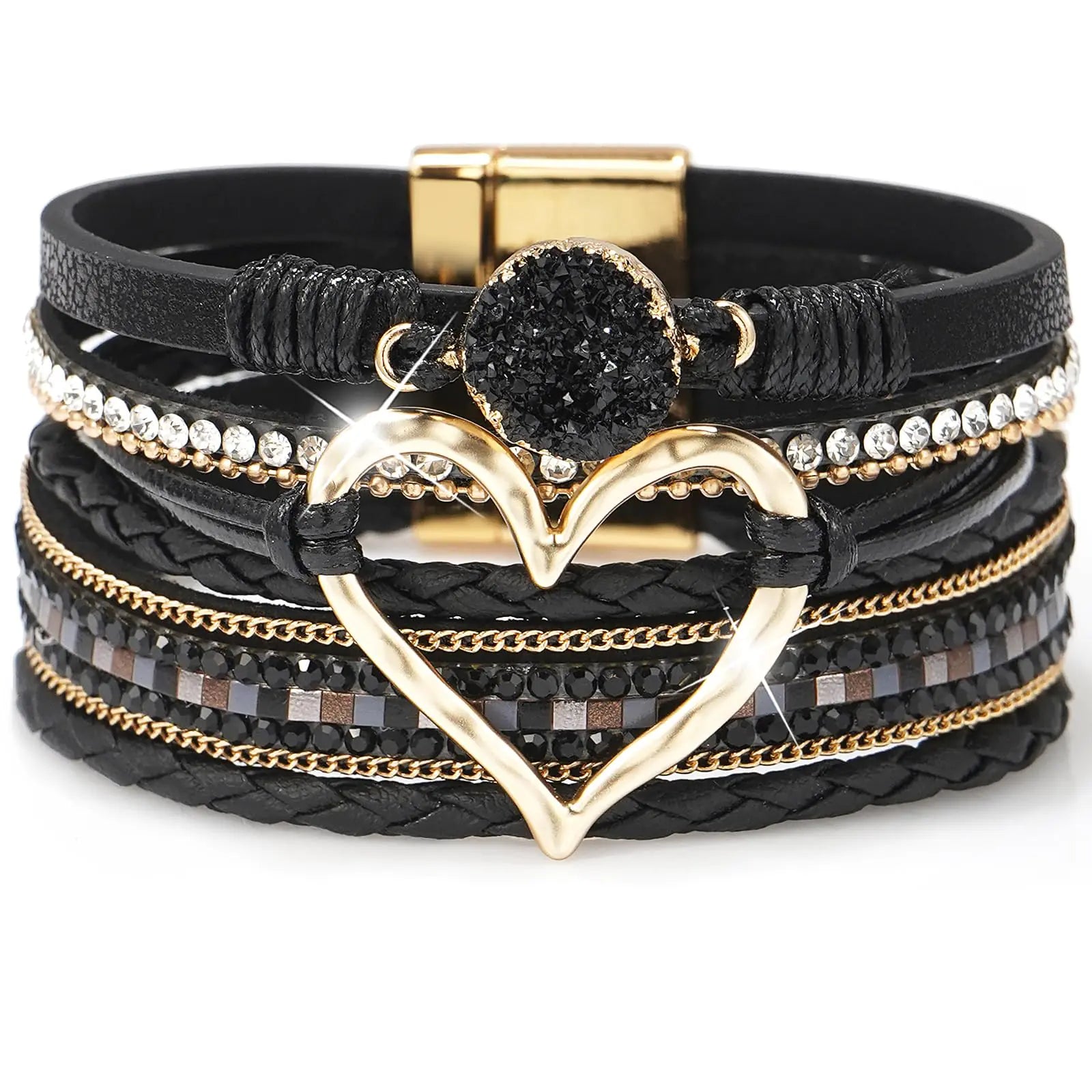 Suyi multilayer leather wrap bracelet in black - heart-shape wide cuff bracelet for women