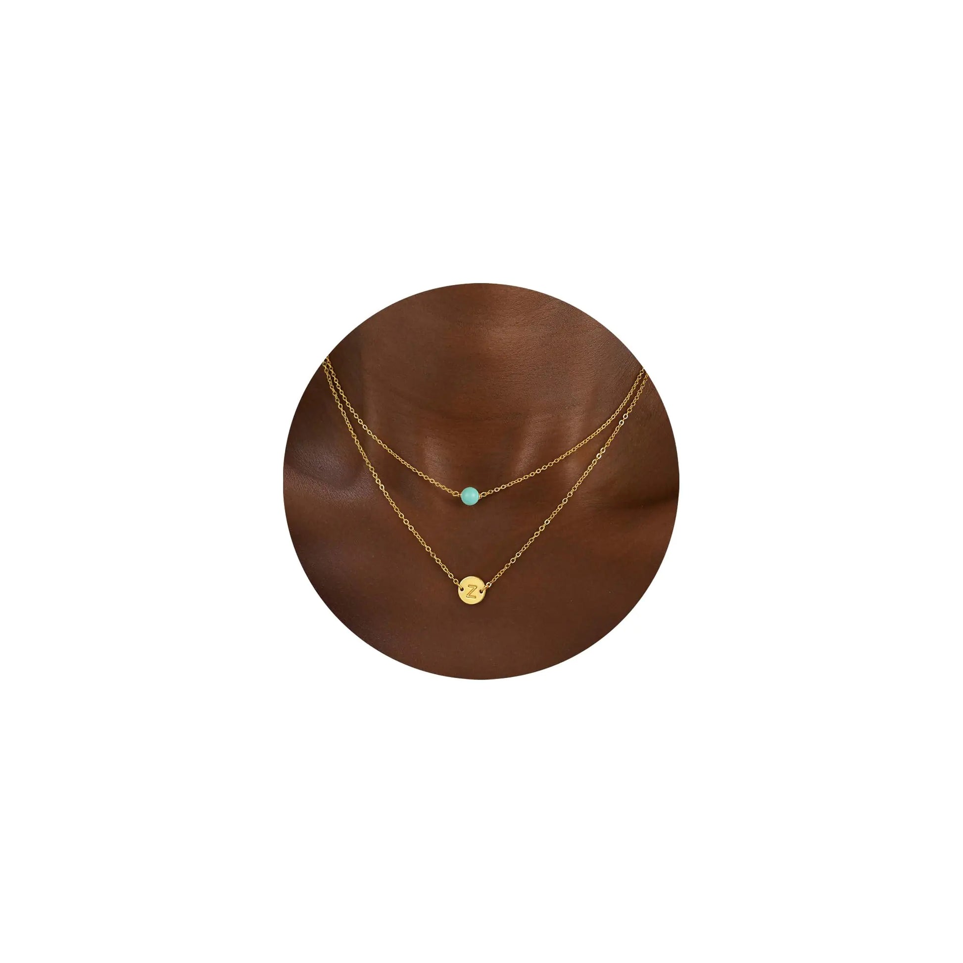 Turandoss layered initial necklace Z - 18K gold plated turquoise pendant dainty personalized disc choker women jewelry