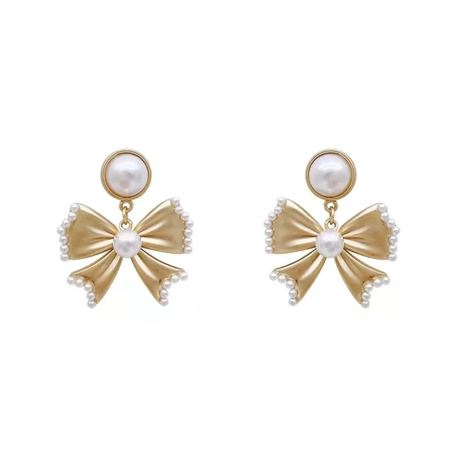 Pearl bow earrings style-P - cute ribbon gold silver bow knot stud earrings women birthday party jewelry gift