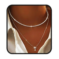 Yalice 925 sterling silver layered necklace - waterproof cross pendant sparkle crystal 2 layered dainty choker women