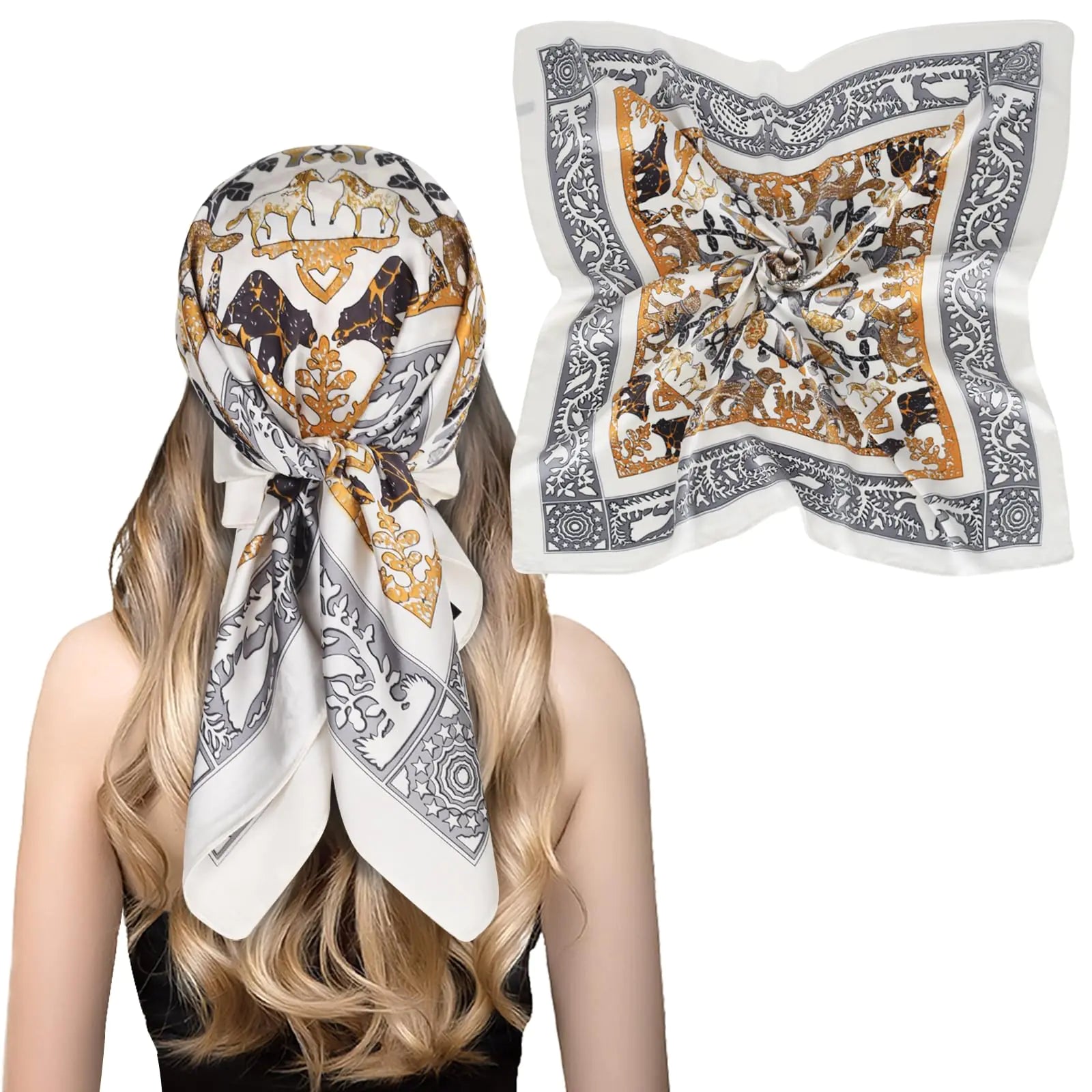 Relang silk satin scarf gray gold zoo - 27.5 inch head scarf hair bandana neck scarf women gift