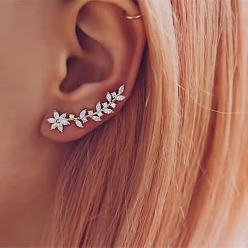 Full diamond flower earrings white gold - European American Korean style celebrity women jewelry gift