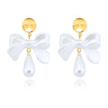 Pearl bow earrings gold - dainty pearl drop dangle earrings women prom jewelry gift