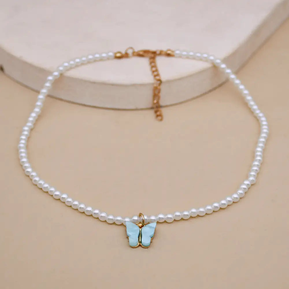 European opal bow knot pearl necklace blue - light luxury ball chain glass glazed women jewelry